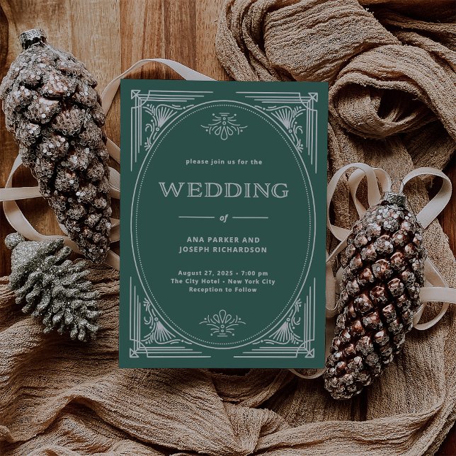 Convite Deco Moderno | Casamento Verde de Feriado Elegante (An elegant wedding invitation for the holidays in festive green with light silver/white accents)