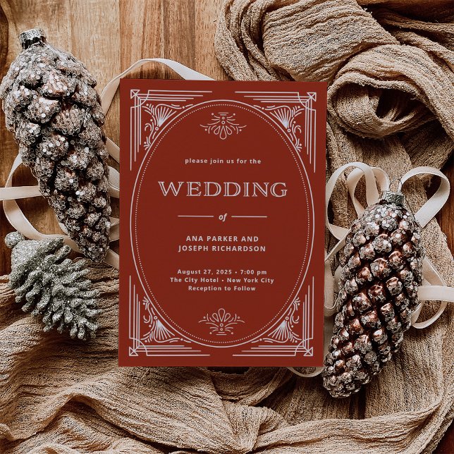 Convite Deco Moderno | Casamento Vermelho de Feriado Elega (A rich red background with light silver/white accents make this the perfect holiday wedding invite)