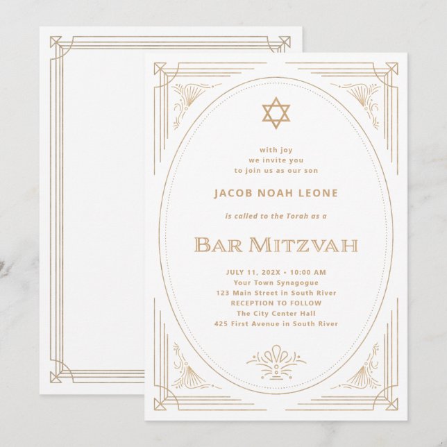 Convite Deco Moderno | Faux Dourado e Bar branco Mitzvah (Frente/Verso)