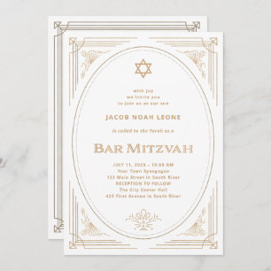 Convite Deco Moderno   Faux Dourado e Bar branco Mitzvah