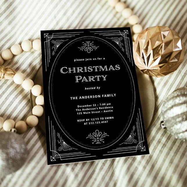Convite Deco Moderno | Festa Elegante de Natal Negro (An elegant, black art deco style Christmas party invitation)