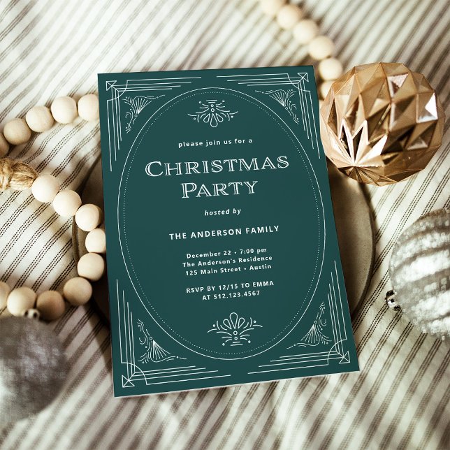 Convite Deco Moderno | Festa Elegante de Natal Verde (An elegant, green art deco style Christmas party invitation)