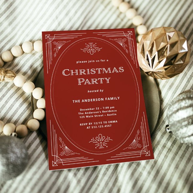 Convite Deco Moderno | Festa Elegante de Natal Vermelho (An elegant red art deco Christmas party invitation)