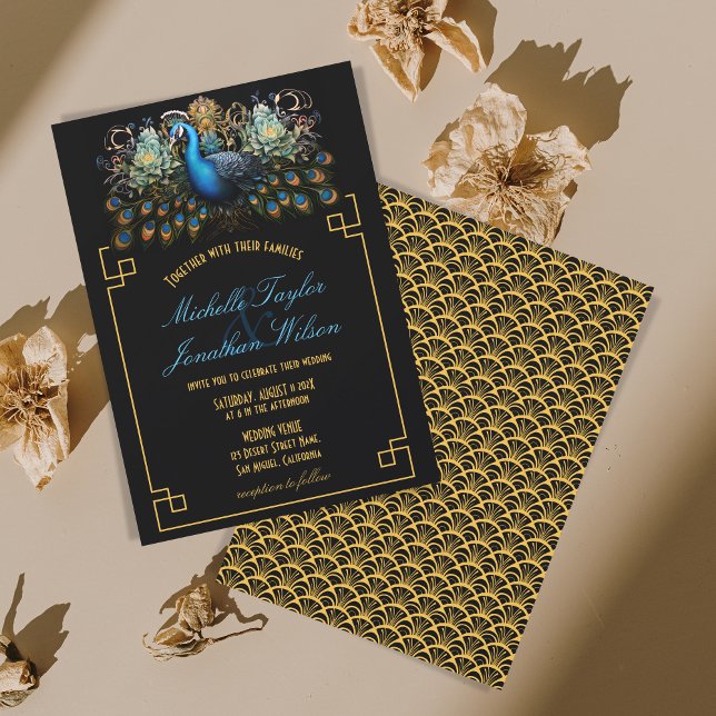 Convite Deco Peacock Art Negro e Dourado (art deco peacock)