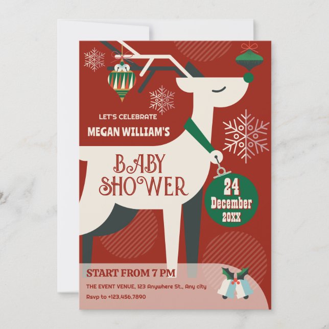 Convite Decoração clássica de Natal com cervo para baby sh (Frente)