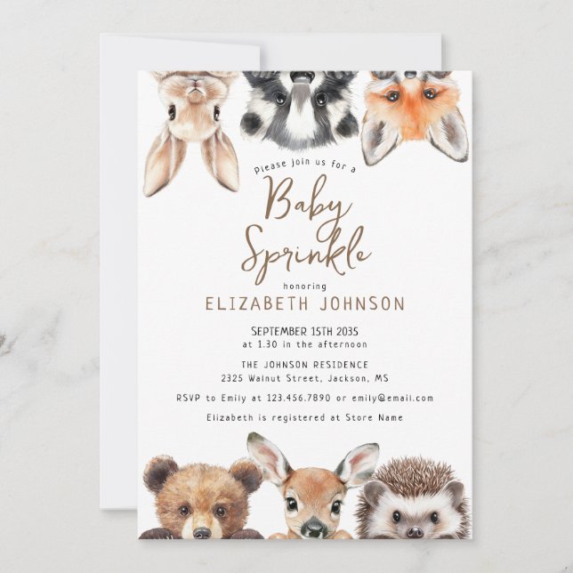 Convite Decoração de Bolo de Chá de Bebê Animais Florestai (Frente)