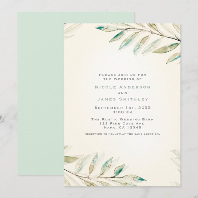 Convite Decoração de Casamento com Folhas de Eucalipto Vin (Frente/Verso)