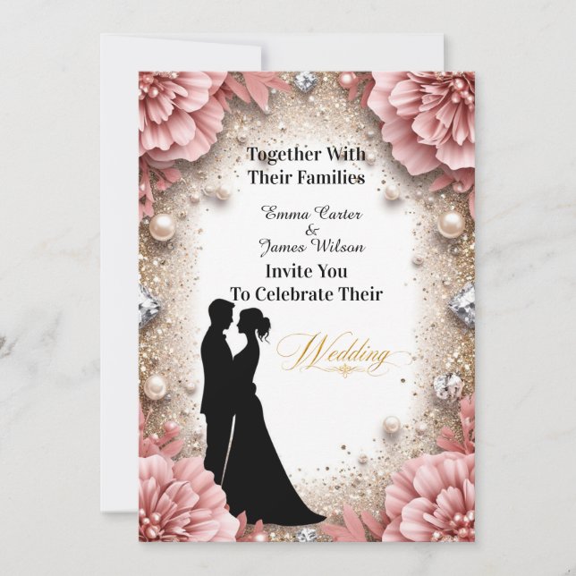 Convite 💐 Decoração de casamento floral dourada com pêsse (Frente)