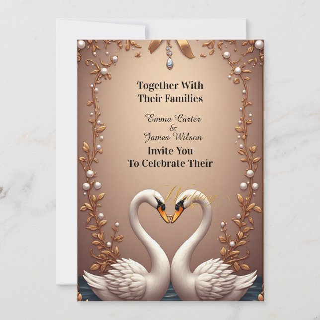 Convite 🌷 Decoração de Casamento Rosa Dourado de Cisnes � (Frente)