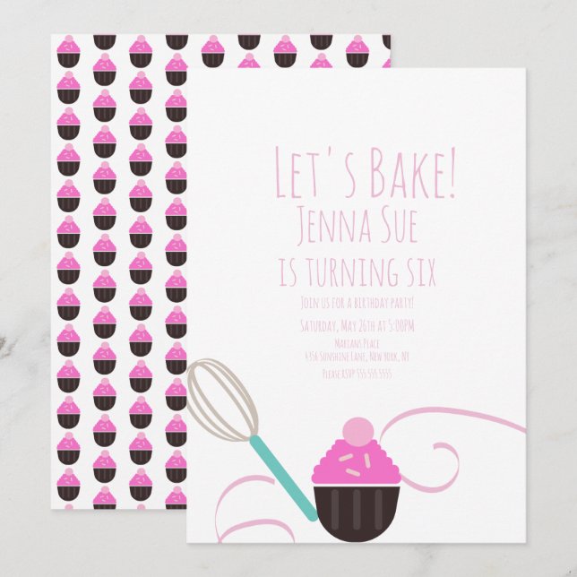 Convite Decoração de Cupcake de Aniversário Rosa (Frente/Verso)