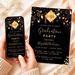 Convite Decoração de festa de formatura 2023 preto dourado