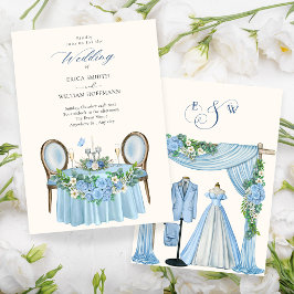 Convite decoração de jardim floral de casamento azul