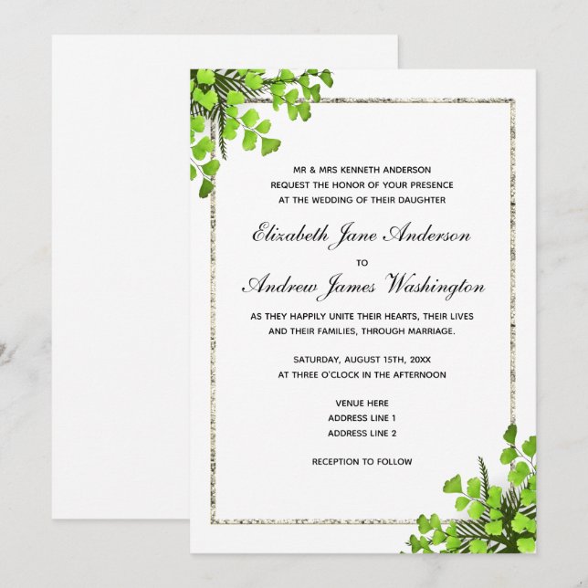 Convite Decoração de Samambaia de Canto Elegante Casamento (Frente/Verso)