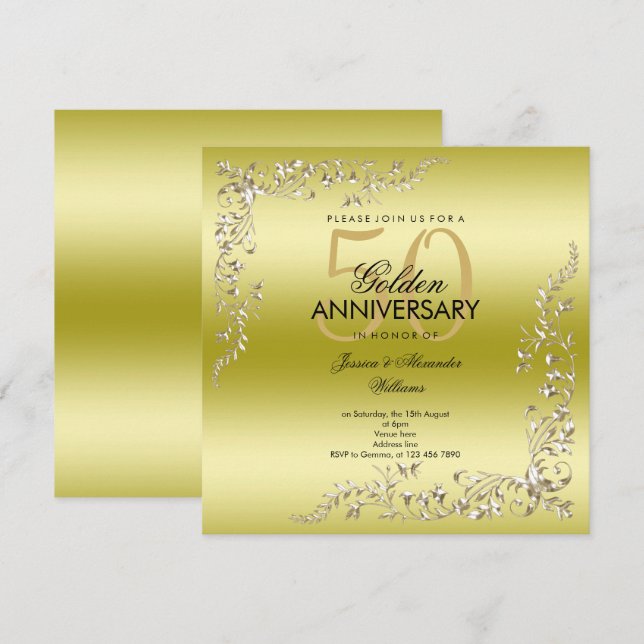 Convite Decoração Dourada 50º Aniversário de Casamento (Frente/Verso)