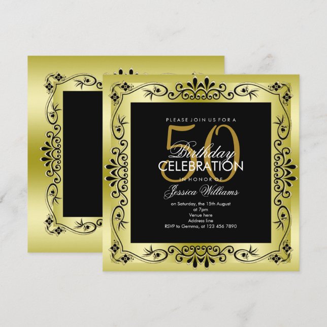 Convite Decoração Dourada Clássica para Aniversário de 50  (Frente/Verso)