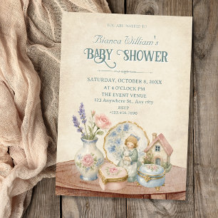 Convite Decoração miniatura vintage chá de bebê