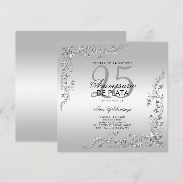 Convite Decoração Prata 25º Aniversário de Casamento (Frente/Verso)