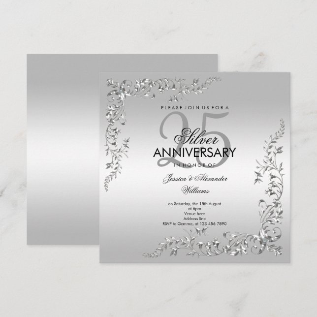 Convite Decoração Prata Bodas de 25 Anos de Casamento (Frente/Verso)