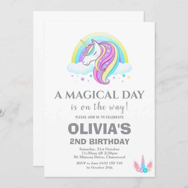 Convite Decorações de Festa de aniversário Unicórn (Frente/Verso)