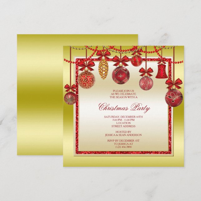 Convite Decorações Delicadas Festa de Natal Vermelho & Dou (Frente/Verso)