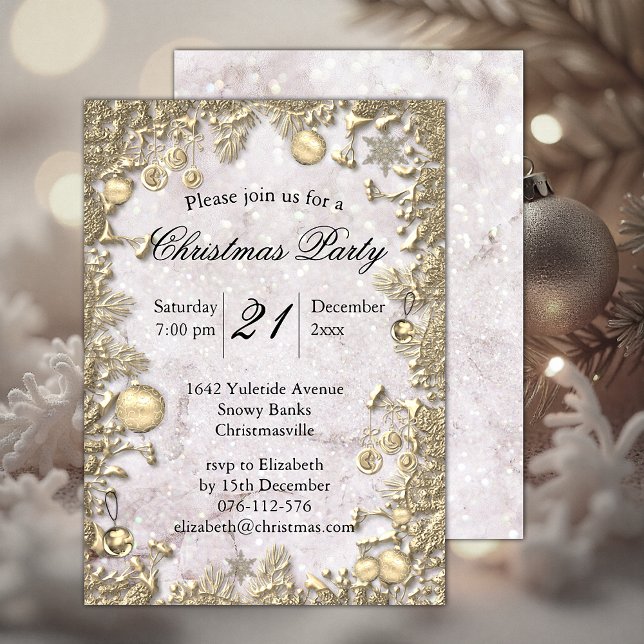 Convite Decorações do Ouro Elegante e Natal Glitter (Elegant Golden Decorations and Glitter Christmas Invitation by the Olde Christmas Shoppe)