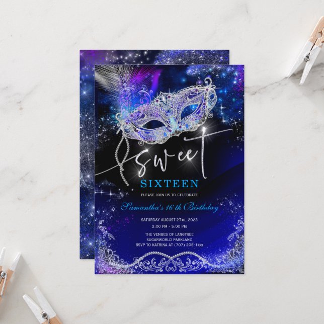 Convite Decorações Royal Blue e Prata para Sweet 16 (Frente/Verso In Situ)