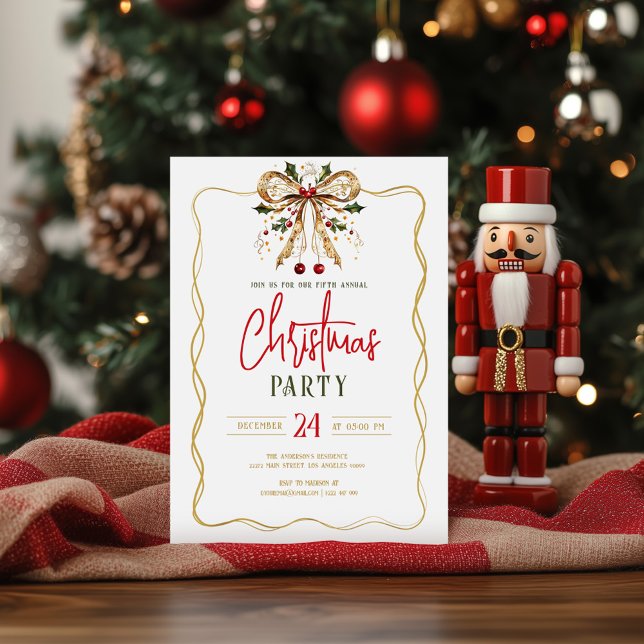Convite Decorated Christmas Bow Gold Fram Party Invite (Criador carregado)