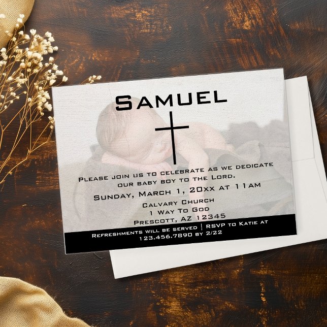 Convite Dedicação de Bebê em Foto Preto e Branco Moderna (Modern Black White Photo Baby Dedication Invitations)