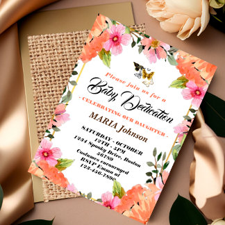 Convite Dedicação de Bebê Floral em Aquarela Borboleta Fem