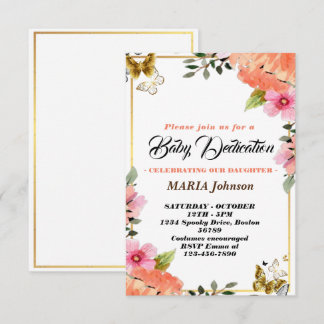 Convite Dedicação de Bebê Floral em Aquarela Borboleta Fem
