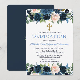 Convite Dedicação de Trigêmeos Rosa Azul Marinho Dourado F