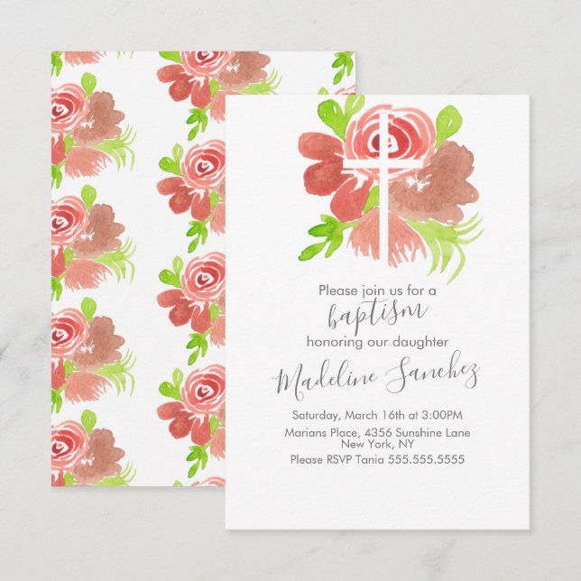 Convite Dedicação do batismo com pincel, cor-de-rosa, aqua (Frente/Verso)