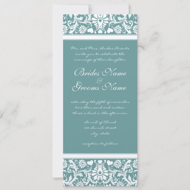 Convite Deep Aqua Blue Damask Swirls Wedding Invitation (Frente)