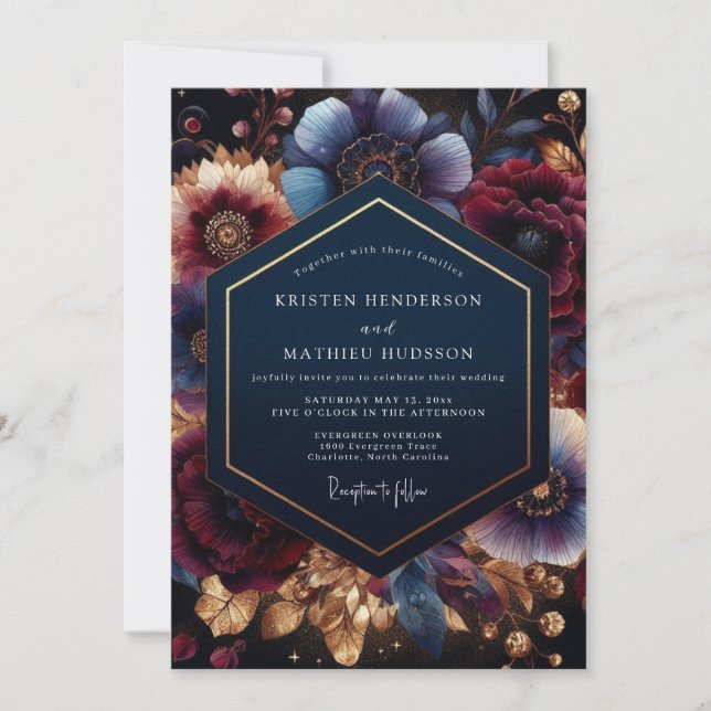 Convite Deep Blue Botanical Bloom Wedding (Frente)