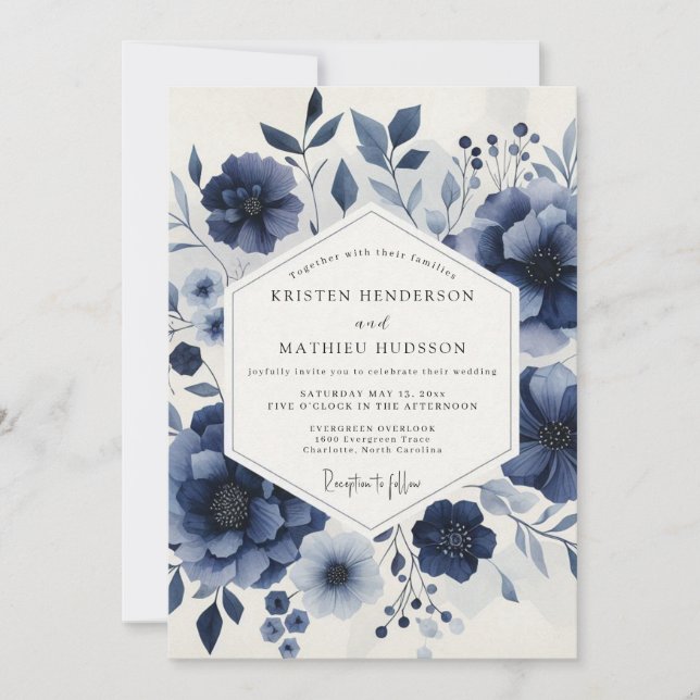 Convite Deep Blue Ethereal Bloom Wedding (Frente)