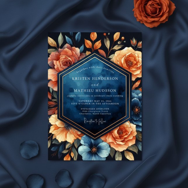 Convite Deep Blue Floral Autumn Wedding (Criador carregado)