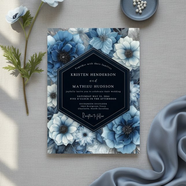 Convite Deep Blue Floral Bloom Wedding (Criador carregado)