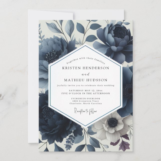 Convite Deep Blue Floral Elegance Wedding (Frente)