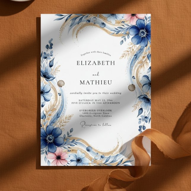 Convite Deep Blue Floral Flourish Wedding (Criador carregado)