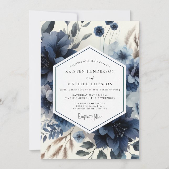 Convite Deep Blue Floral Moody Wedding (Frente)