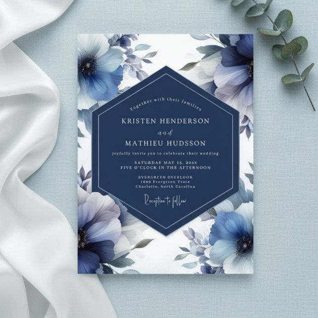 Convite Deep Blue Floral Opulent Wedding (Criador carregado)