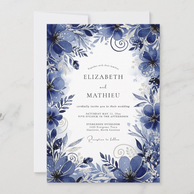 Convite Deep Blue Floral Romance Wedding (Frente)