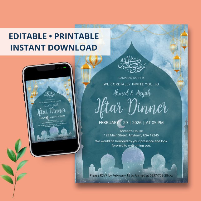 Convite Deep Blue Night Mosque Silhouette Iftar Dinner (Criador carregado)