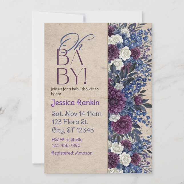 Convite Deep Blue & Purple Floral Baby Shower (Frente)