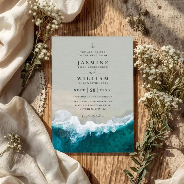 Convite Deep Blue Sea Destination Elegant QR Code Wedding (Criador carregado)