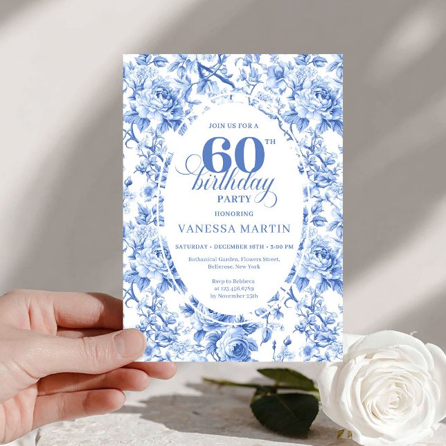 Convite Deep Blue Toile Roses 60th Birthday Invitation   (Deep Blue Toile Roses 60th Birthday Invitation File

)