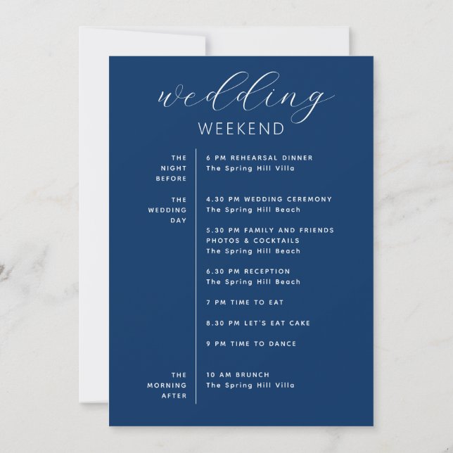 Convite Deep Blue Weekend Timeline | Nautical Navy Wedding (Verso)