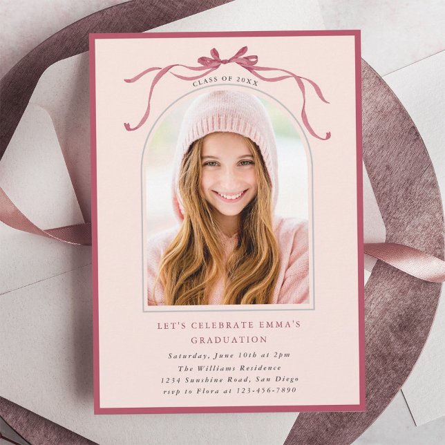 Convite Deep Blush Bow Graduation Party Arch Photo Pink (Criador carregado)