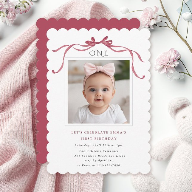 Convite Deep Blush Pink Bow Girl 1st Birthday Party (Criador carregado)
