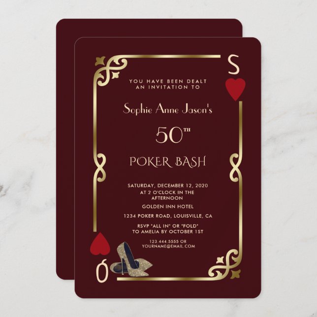 Convite Deep Burgundy Casino Night Gatsby 50th Birthday (Frente/Verso)
